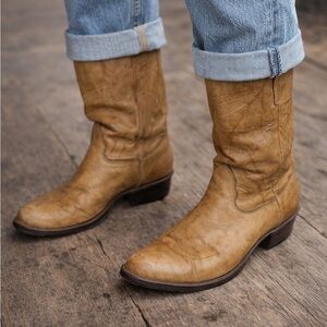 Alberta Boot Company Tan Distressed Leather Cowboy Boots Biltrite Sole Western